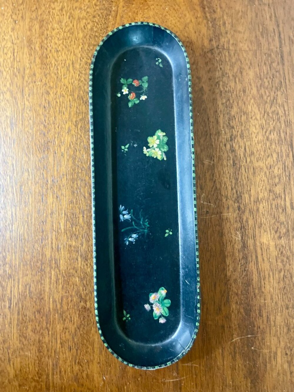 Vintage Hand Painted Folk Art Vanity Trinket Tray Black Fruit Motif Cottagecore